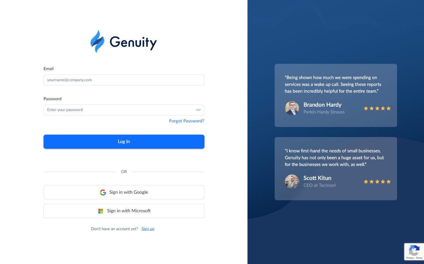 Screenshot of the new Genuity log in screen with Microsoft single sign on (SSO)